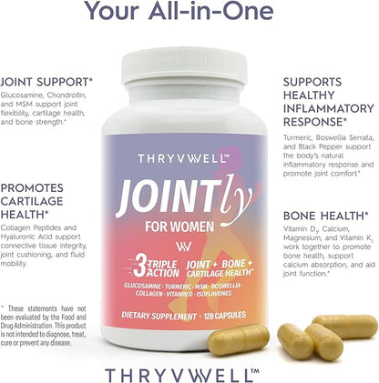 Jointly for WOMEN – All-in-one Joint Bone & Cartilage Supplement – Glucosamine Chondroitin MSM Turmeric Boswellia Collagen Vitamin D Calcium Hyaluronic Acid Magnesium & Isoflavones – 120 Capsules