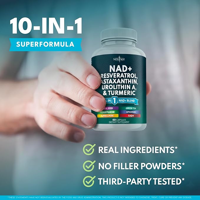 NEW AGE NAD+ Supplement - Astaxanthin, Urolithin A, Resveratrol, CoQ10 & Antioxidant Blend – Cellular Energy, Mitochondrial Support – Vegan, Non-GMO- 60 Count
