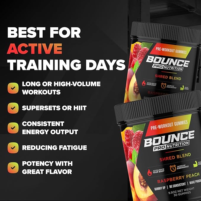 Bounce Pro Shred Blend Pre Workout Gummies – Raspberry Peach – 70 Vegan Gummies with Caffeine, Ashwagandha & L-Theanine for Energy, Focus & Endurance (70 Count (Pack of 1), Raspberry Peach)