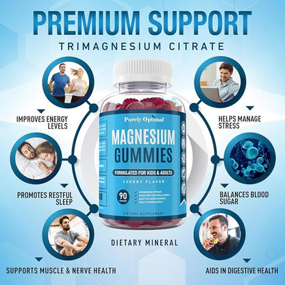 Purely Optimal Magnesium Citrate Gummies for Kids & Adults - Delicious Cherry Flavor - Sleep, Calm & Digestive Support, Relaxation, Muscle Health - Chewable Magnesium, Gluten-Free, Vegan - 90 Gummies