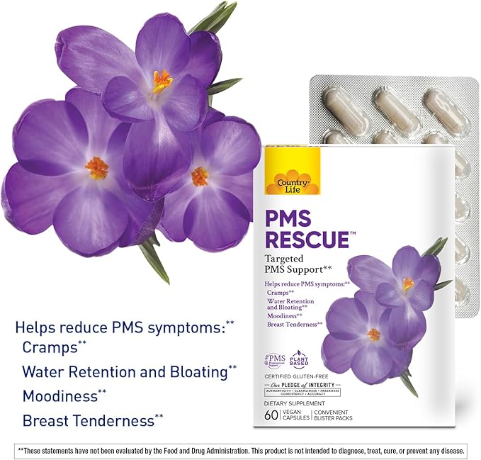 Country Life PMS Rescue – PMS Support Supplement for Women, Menstrual Cycle Support, Helps Support Mood, Bloating & Cramps, Herbal & Nutrient Blend, Vegan Capsules, 60 Count