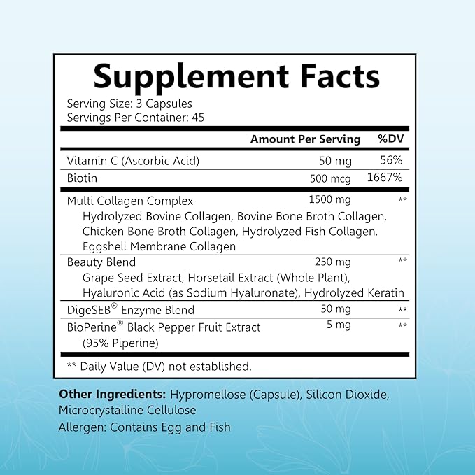 BioSchwartz Hydrolyzed Collagen Peptide Capsules - Multi Collagen Supplements for Women Types I, II, III, V, X with Vitamin C, Biotin, Keratin and Hyaluronic Acid for Skin, Hair & Nails - 135ct