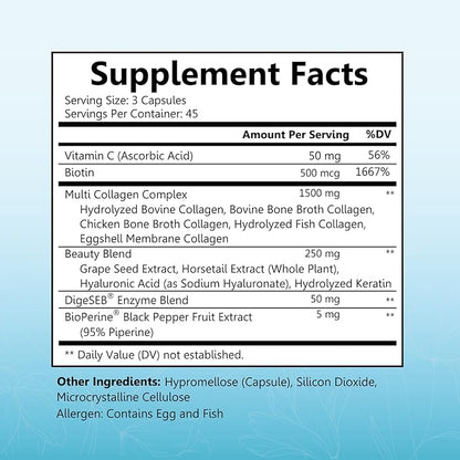 BioSchwartz Hydrolyzed Collagen Peptide Capsules - Multi Collagen Supplements for Women Types I, II, III, V, X with Vitamin C, Biotin, Keratin and Hyaluronic Acid for Skin, Hair & Nails - 135ct
