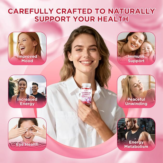 Saffron Gummies for Adult Kids, 10-IN-1 Formula with Saffron 88.5mg, Vitamins D3 & B6, Magnesium, Zinc, Ashwagandha, L-Theanine, St. John's Wort - Supports Mood & Focus, Strawberry Flavor, 60 Count