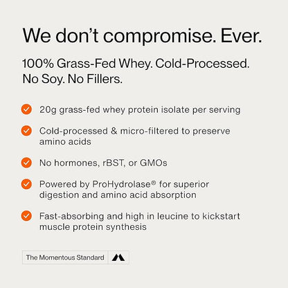 Momentous Essential Grass-Fed Whey Protein Powder – 20 g Whey Isolate Protein – NSF Certified for Sport – Gluten-Free – 25 Servings for Essential Everyday Use – Chocolate – Net WT 1.44 LB (655 g)