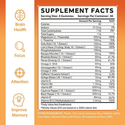Gummies - Brain Supplement for Memory, Focus & Attention - Cognitive Support with Magnesium, Omega 3, Ashwagandha - 90 Count Raspberry Flavor
