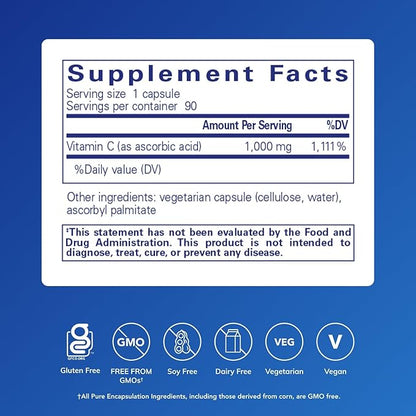 Pure Encapsulations Ascorbic Acid Capsules - 1,000 mg Vitamin C - Antioxidant & Immune Support* - High-Potency Vitamin C - Vegan & Non-GMO - 90 Capsules