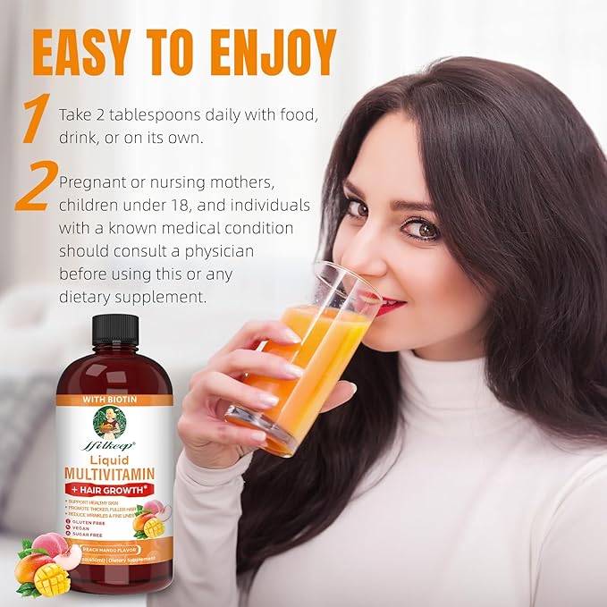 Liquid Multivitamin for Hair Growth | Biotin 10000mcg | Hair & Skin Support Supplement | Clinically Tested for Thicker Hair & Skin Elasticity | Suitable for Women & Men, Ages 18+ | 15.22 Fl Oz (2)