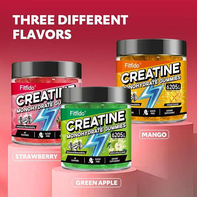 Creatine Monohydrate Gummies for Men & Women - 6205mg per Serving, Containing L-carnitine & Taurine, Post Workout Muscle Recovery, Strength & Energy Boost, Sugar Free & Vegan (60, Strawberry)