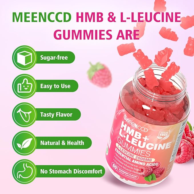 MEENCCD HMB and L-Leucine Gummies, HMB and Leucine Amino Acid for Muscle Growth, Muscle Maintenance, and Muscle Comfort, for Men & Women, Sugar-Free, Raspberry Flavor, 60 Count