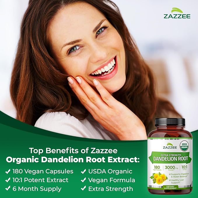 Zazzee USDA Organic Dandelion Root 10:1 Extract, 180 Capsules, 6 Month Supply, Liver & Detox Support, Taraxacum Officinale, Organic Herbal Supplement, All-Natural, Non-GMO, Made in the USA