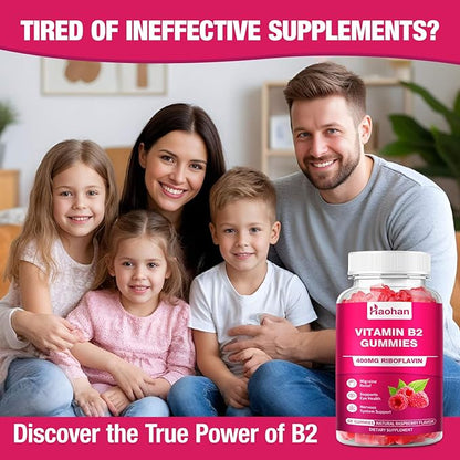 Haohan Vitamin B2 400mg with Magnesium Gummies for Migraine and Nervous System Support in Sugar-Free Vegan Raspberry Flavor, 120 Count for Adults and Kids