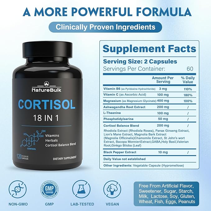 Cortisol Supplements for Women, 18-in-1 - Premium Blend with Ashwagandha, Rhodiola, Magnesium & L-Theanine - Stress Response Support & Mood Enhancement Formula - 120 Vegetarian Capsules