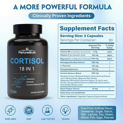 Cortisol Supplements for Women, 18-in-1 - Premium Blend with Ashwagandha, Rhodiola, Magnesium & L-Theanine - Stress Response Support & Mood Enhancement Formula - 120 Vegetarian Capsules