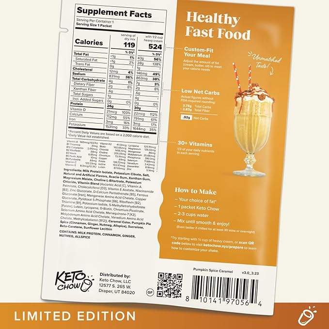 Keto Chow Pumpkin Spice Caramel | Keto Meal Replacement Shake | Nutritionally Complete | Low Carb | Delicious Easy Meal Substitute | You Choose The Fat | Single Meal Sample