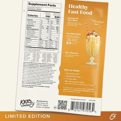 Keto Chow Pumpkin Spice Caramel | Keto Meal Replacement Shake | Nutritionally Complete | Low Carb | Delicious Easy Meal Substitute | You Choose The Fat | Single Meal Sample