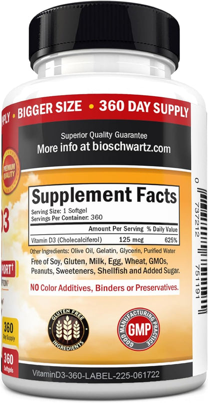 Vitamin D3 5000 IU (125 mcg) Natural Immune Support Supplement, Bone Strength, Healthy Muscle Function, with Olive Oil for Highest Absorption, Gluten Free & Non-GMO, 1 Year Supply, 360 Softgels