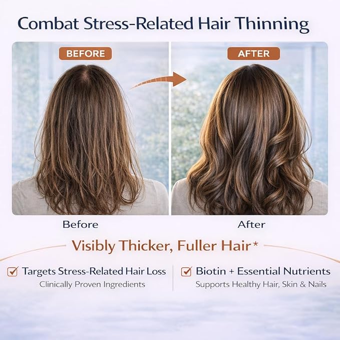 Biotin Hair Skin Nails Gummies: Daily Beauty Supplement for Women Experiencing Stress-Related Hair Thinning, Supports Strong Nails & Healthy Skin, 60 Count, Strawberry Flavor