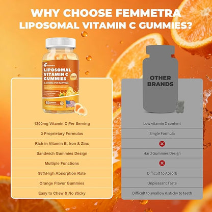 Liposomal Vitamin C Gummies for Adults, 1200mg Chewable Vitamin C Supplement with Elderberry, Zinc Iron & Folate etc - for Immune Support, Energy & Cell Health, Sugar Free, Orange Flavor, 60 Gummies