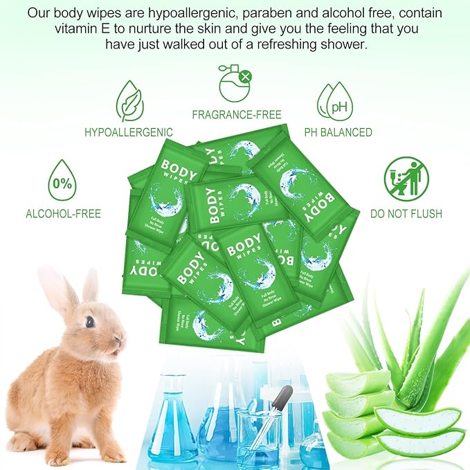 Treela 300 Pcs Large Body Wipes Bulk Deodorant Travel Size for Homeless Care Package Supplies Individually Wrapped Adults Bathing No Rinse Wet Wipes Men Women Hygiene Items(7.09" X 9.84",Green)