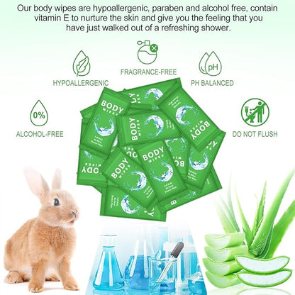 Treela 300 Pcs Large Body Wipes Bulk Deodorant Travel Size for Homeless Care Package Supplies Individually Wrapped Adults Bathing No Rinse Wet Wipes Men Women Hygiene Items(7.09" X 9.84",Green)