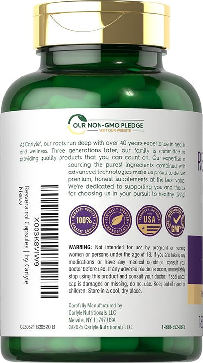 Carlyle Resveratrol Complex - 180 Capsules - Trans Resveratrol Supplement with Grape Seed Extract - Non GMO, Gluten Free