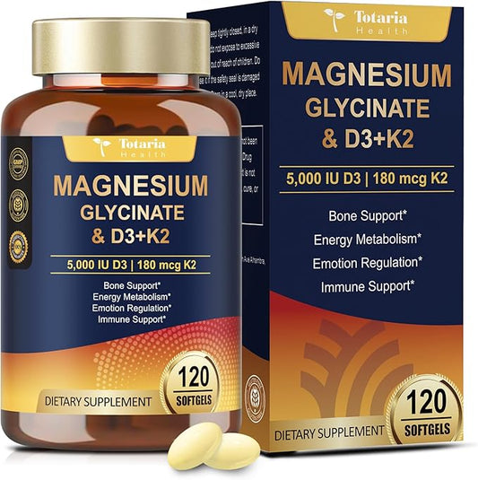 9-in-1 Magnesium Glycinate 500mg + Vitamin D3 5000 IU & K2 Complex - High Absorption - Healthy Stress, Sleep, Muscle Function, Bone Health & Energy Supports | Non-GMO, Gluten-Free 120 Softgels