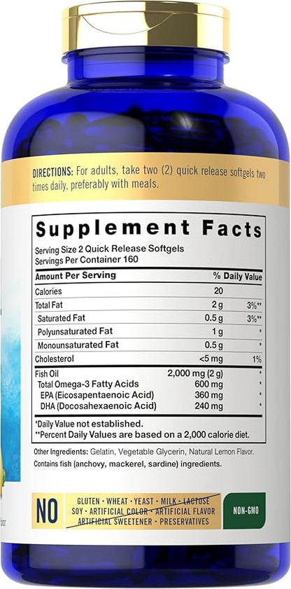 Carlyle Fish Oil Omega 3 Supplements | 2000mg | 320 Softgels | EPA & DHA | 600mg Total Omega-3 | Non-GMO, Gluten Free Pills