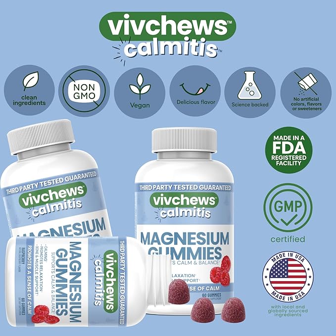 Calmitis Magnesium Gummies – Supports Calm & Balance, Magnesium Citrate, Natural Raspberry Flavor, Fruit Pectin Based, Gelatin-Free, Vegan, No Artificial Colors, Flavors or Sweeteners, 60 ct