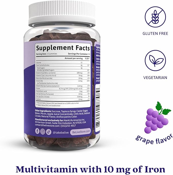 BeLive Iron Gummies - Multivitamin Iron Supplement with Vitamin C, A, B & Zinc, Supports Blood Oxygen, Vegan Supplements for Women, Men & Kids for Growth and Development - Grape Flavor | 2-Pack