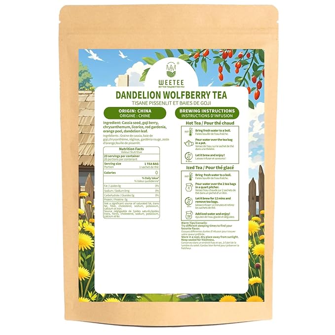 WT WEETEE Dandelion Wolfberry Tea Bags 200g 60-80 Cup, 7 Natural Herbal Ingredients Goji Berry Chrysanthemum Cassia Seed, Wolfberry & Dandelion Herbal Tea