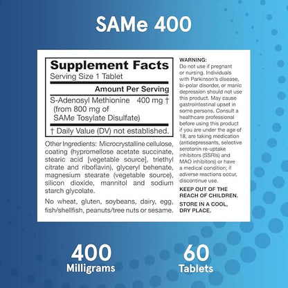 Jarrow Formulas Same Supplement 400 mg - 60 Tablets - High Concentration of Active S,S Form - Supports Joint Health, Liver Function, Brain Metabolism - 60 Servings (Pack of 2)