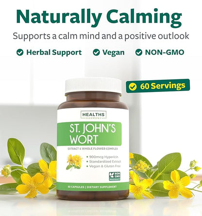 St John's Wort Capsules - Powerful & Potent Saint John's Wort Extract & Whole Herb Complex Standardized to 900mcg Hypericin for Balancing Daily Mood Support - Vegan Non-GMO & Lab Verified (60 Caps)