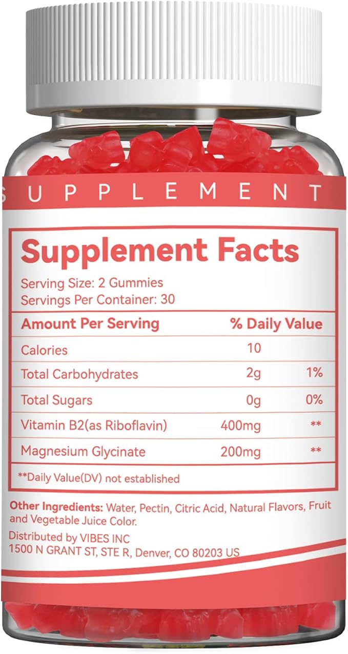 Vitamin B2 Gummies - Riboflavin 400mg Supplement with Magnesium for Adults, B2 Gummies for Migraine Relief* & Nervous System Support* - Vegan, Sugar-Free, Raspberry-Lemon Flavor, 60 Count
