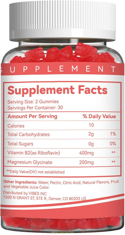 Vitamin B2 Gummies - Riboflavin 400mg Supplement with Magnesium for Adults, B2 Gummies for Migraine Relief* & Nervous System Support* - Vegan, Sugar-Free, Raspberry-Lemon Flavor, 60 Count