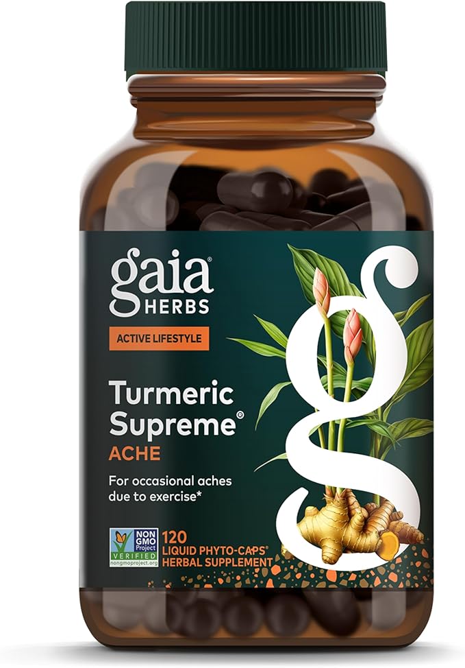 Gaia Herbs Turmeric Supreme Ache- Helps Provide Relief of Occasional Aches - with Turmeric Curcumin, Black Pepper, Devil’s Claw, Ginger, Feverfew & More - 120 Liquid Phyto-Capsules(60-Day Supply)