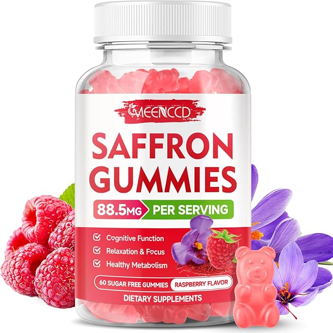 MEENCCD Saffron Gummies for Kids & Adults - Saffron Supplements with Magnesium, L-Theanine, Rhodiola, Sugar-Free, Raspberry Flavor, 60 Count