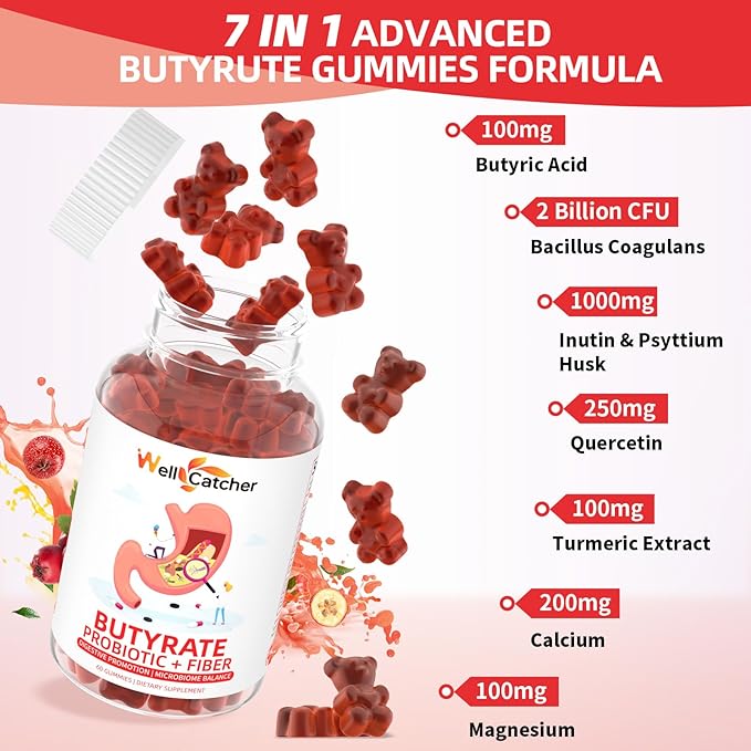 Butyrate Gummies Gut Health Supplement: Butyrate with Probiotic & Prebiotic Fiber Gummies for Women Men Sugar Free Digestive & Energy Metabolism Support Vegan Hawthorn Flavor 30 Days Supply