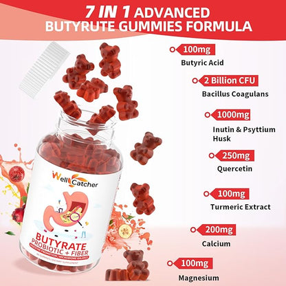 Butyrate Gummies Gut Health Supplement: Butyrate with Probiotic & Prebiotic Fiber Gummies for Women Men Sugar Free Digestive & Energy Metabolism Support Vegan Hawthorn Flavor 30 Days Supply