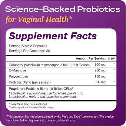 Complete Vaginal Probiotics for Women - w/Added Cranberry, D-mannose to Promote Urinary Tract, Bladder, Gut & Vaginal Health - pH Balance for Women - Support UTI, BV, YI - 60 Vegan Capsules