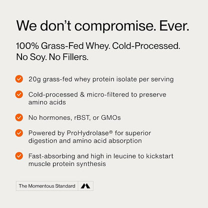 Momentous Essential Grass-Fed Whey Protein Powder - 20 g Whey Isolate Protein - NSF Certified for Sport - Gluten-Free - 25 Servings for Essential Everyday Use - Strawberry - Package May Vary