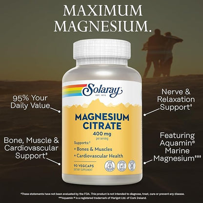 SOLARAY Magnesium Citrate 400mg - Magnesium Supplement - Bone Health, Muscle, Relaxation and Heart Health Support - Vegan, Gluten Free - 30 Servings, 90 VegCaps