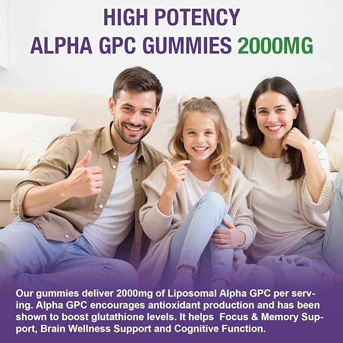 Liposomal Alpha GPC 2000mg & Citicoline Gummies Complex Phosphatidylserine,Ginkgo Biloba,L-Tyrosine,Huperzine A & B Vitamins,20-in-1 Blend for Focus, Memory & Cognitive Support