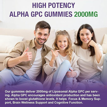 2 Pack Liposomal Alpha GPC 2000mg & Citicoline Gummies Complex Phosphatidylserine,Ginkgo Biloba,L-Tyrosine,Huperzine A & B Vitamins,20-in-1 Blend for Focus, Memory & Cognitive Support