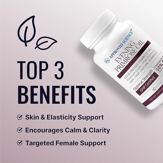 Approved Science Evening Primrose Oil - Maximum Strength - Cold Pressed - 10% GLA - Hormonal Balance, Skin and Heart Health - 3 Month Supply - All Natural