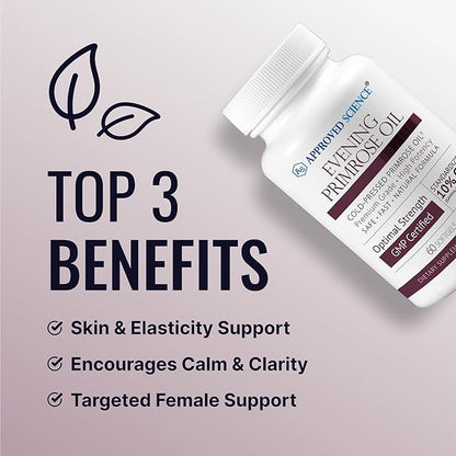 Approved Science Evening Primrose Oil - Maximum Strength - Cold Pressed - 10% GLA - Hormonal Balance, Skin and Heart Health - 3 Month Supply - All Natural