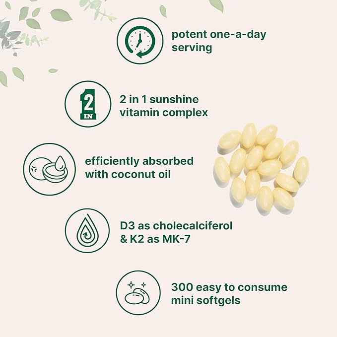 Micro Ingredients Vitamin D3 5,000 IU + K2 MK-7 100 mcg, 300 Softgels | Virgin Coconut Oil | 2-in-1 Support | Easy to Swallow, Non-GMO