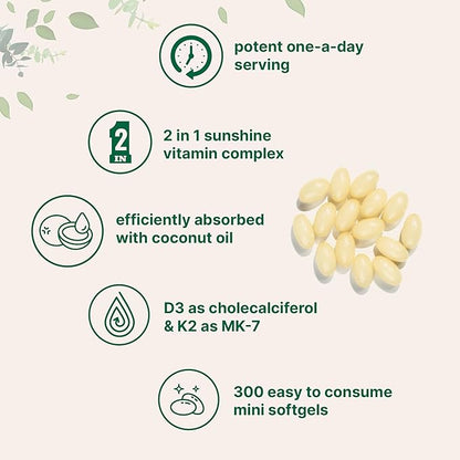 Micro Ingredients Vitamin D3 5,000 IU + K2 MK-7 100 mcg, 300 Softgels | Virgin Coconut Oil | 2-in-1 Support | Easy to Swallow, Non-GMO