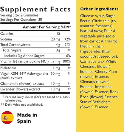 Bach RESCUE PLUS Sleep & Stress Support Gummies, Nighttime Dietary Supplement with 1mg Melatonin, Ashwagandha, Chamomile, Lavender & Vitamin B6, Natural Blueberry Flavor, Vegan & Gluten-Free, 60 Count