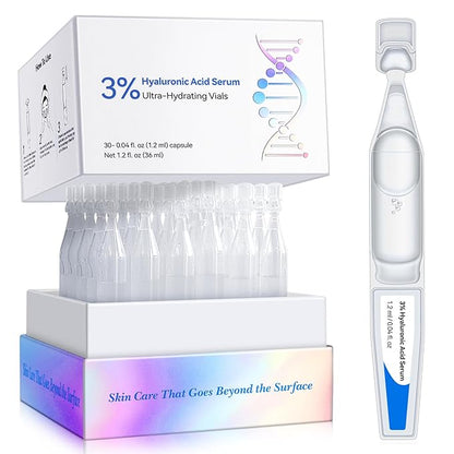 Hyaluronic Acid Serum for Face, 3% Hyaluronic Acid Serum Ultra-Hydrating Vials 30 pcs, Hydration & Moisture Facial Serum for Fine Lines & Wrinkles, Single-Use